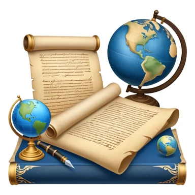 An icon featuring an ancient scroll, a quill pen, and a globe, symbolizing the study of history. The design includes a timeline with significant historical events, with ruins in the background to evoke past civilizations. Transparent background emphasizes the exploration of human history sticker