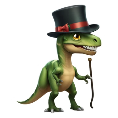 Dinosaur using fancy accessories like a monocle, a tophat, a bow and also a cane sticker