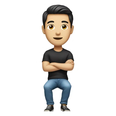 An Asian man with pale skin sitting on top of a black Ford car sticker