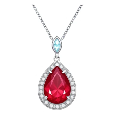 teardrop ruby pendant with silver chain and white stones, radiating luminous aura sticker