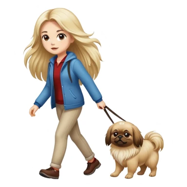 A long-haired girl walking a Pekingese dog sticker