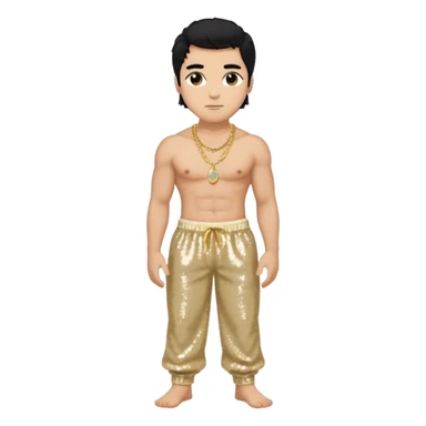 Otello with black hair, cream sequin baggy pants, shirtless with necklace sticker