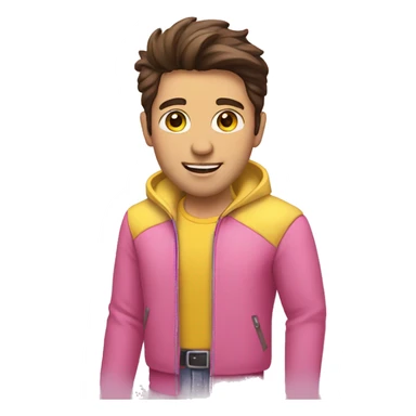 brunette man in pink shirt and yellow jacket sticker