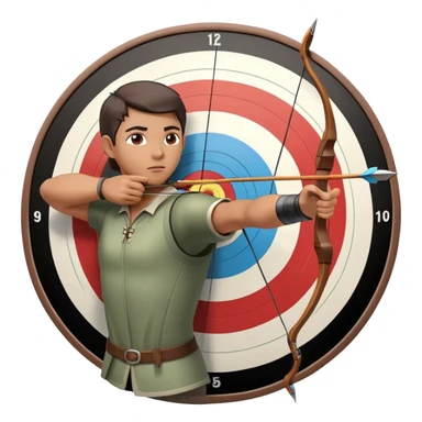An archer drawing a bow and aiming an arrow at a target, with perfect focus and precision. The target is visible in the background, featuring concentric rings. The scene captures the concentration and skill involved in archery, emphasizing the elegance and accuracy of the sport. sticker