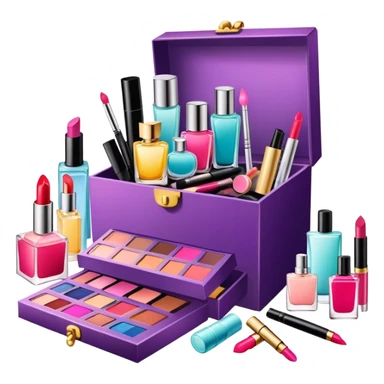 an opened box with various beauty items spilling out, including makeup, skincare, and perfume sticker
