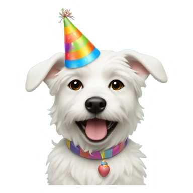 White male small dog wearing birthday hat with a cake  sticker