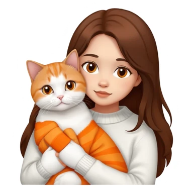 a girl with long dark brown hair, in a white sweater, hugs a Scottish fold orangeorange and white one cat. sticker