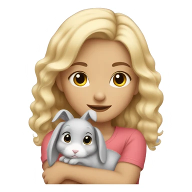 Blond wavy hair girl cuddling a cute grey rabbit sticker