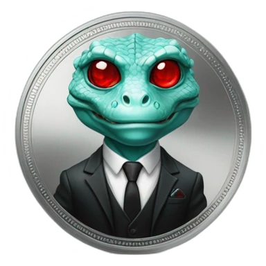 Aquamarine reptilian in classic black suite with red laser eyes on the middle of platinum coin sticker