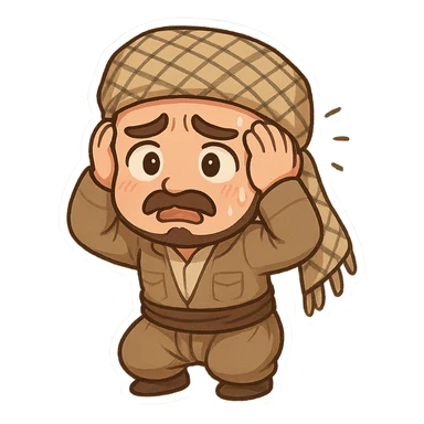 Kurdish man in traditional dress jamadani, anxious mood, cartoon style, hands on head or looking stressed, no text sticker