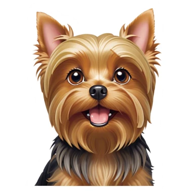 Cinematic Comical Yorkshire Terrier Portrait Emoji, Head tilted dramatically with an exaggeratedly surprised, comical expression and wide, expressive eyes, featuring a perky, well-groomed fur in rich hues, simplified yet hilariously detailed, glowing with a bold, sassy radiance, high shine, exuding playful mischief and cheeky terrier attitude, styled with a soft glowing outline, capturing the essence of a Yorkshire Terrier that appears ready to comically dash out of the frame! sticker