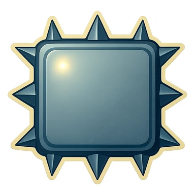 Edit the metal slab to have all spikes on the side edges short, fat, and extremely pointy triangular. Each spike should point directly up, down, left, or right, perpendicular to the edge it is on. Maintain the head-on view, retro sticker style, and transparent background. sticker