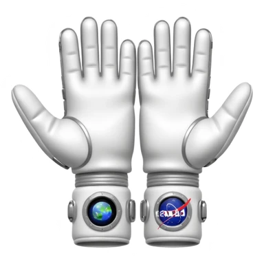 white pressurized astronaut gloves with metal wrist rings floating in space, 3D emoji style sticker