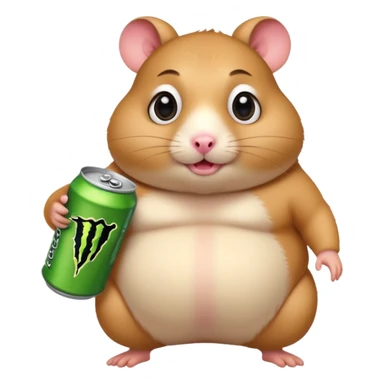 Funny cartoon-style fat hamster with big wide eyes  holding a can of monster energy in one hand and redbull in the other hand sticker