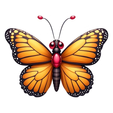 Cinematic Realistic Cute monarch Butterfly Portrait Emoji, Head tilted playfully and inquisitively, featuring vibrantly patterned ruby wings with intricate detailing and a charming, petite body with round, sparkling eyes full of warm curiosity, rendered with lifelike precision and natural highlights, high shine, affectionate and spirited, styled with a touch of whimsical garden delight, soft glowing outline, capturing the essence of a mischievous yet lovable monarch butterfly that seems poised to flutter playfully into your arms! sticker