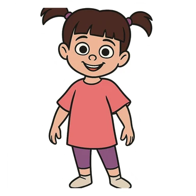 Boo from Monsters Inc, young girl with pigtails, pink t-shirt, purple leggings, smiling, full body, cartoon style matching confident Mike Wazowski and Sulley sticker