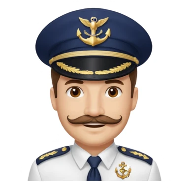 A light-skinned man with brown eyes and handlebar mustache, smiling while wearing a white captain’s hat with a navy emblem. sticker