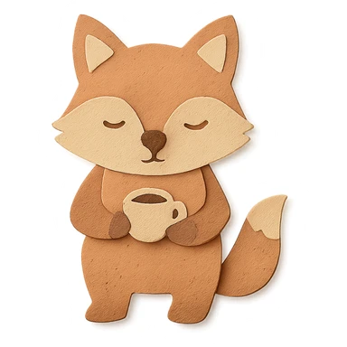 soft pastel coffee maker fox holding a tiny latte cup, brown and beige tones, full-body sticker