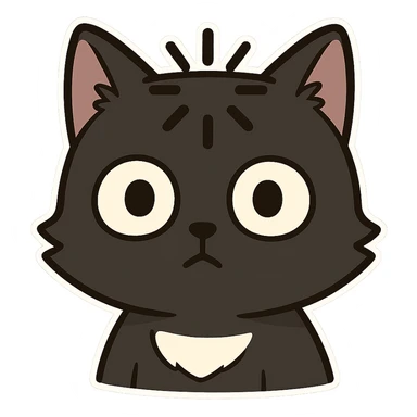 Cat meme, a black cat head with a dull expression, wide eyes, and a loading symbol on its head sticker