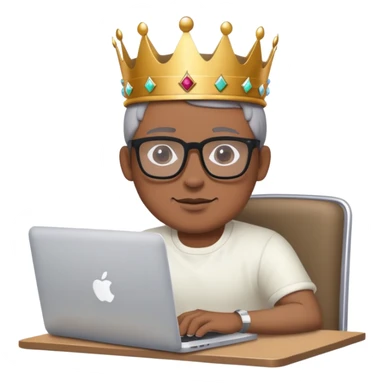 Man in glasses with crown on his head sat at the desk with MacBook  sticker