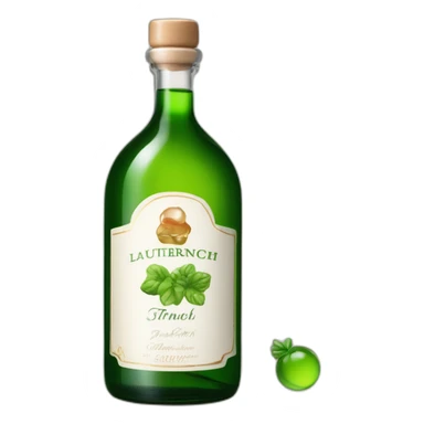 grüner schnaps in einer länglichen flasche mit einem bergdorf auf dem etikett und dem namen "lauterbacher tropfen" sticker