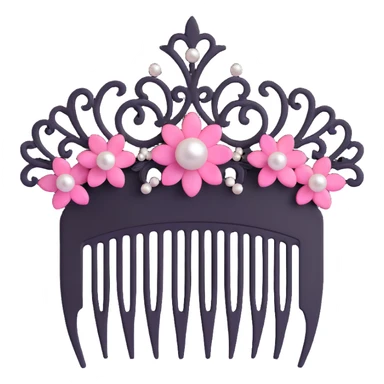 realistic 3D gothic hair comb with pearls, black and pink details, minimal and elegant sticker