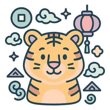 tiger, symbol of the year in feng shui, Chinese style, thin clean outlines, soft rounded shapes, pastel palette #98B5BC, #B5B3C1, #C9A3C9, #E4C0CA, #F7DCD1, #F7C0AA, modern Japanese pop art and sticker aesthetics, detailed shadows and highlights, soft lighting, transparent background, with Chinese decor (coins, lanterns, clouds, patterns) sticker