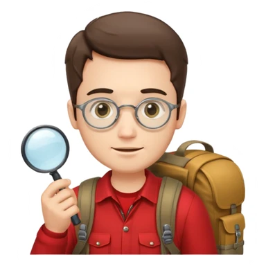 Explorer man with red shirt backpack and magnifying glass sticker