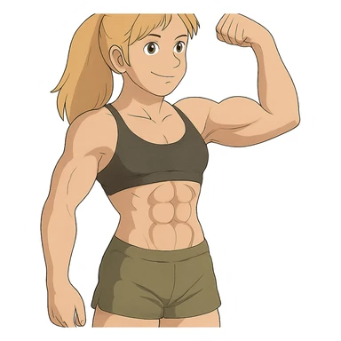 full body pose of a muscular white girl with blonde hair and green eyes, flexing 6 pack abs and one arm bicep sticker