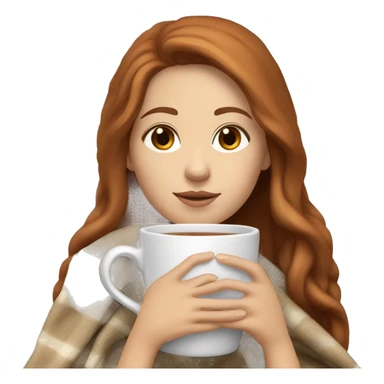 white girl with reddish brown long hair and brown eyes with blanket wrapped about shoulders and sipping tea sticker