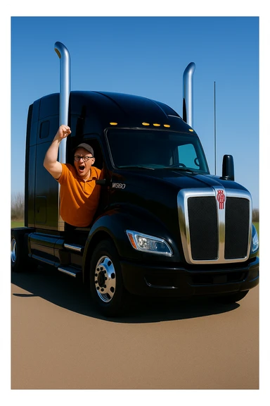 Move the angry bald man wearing an orange shirt, glasses, and a baseball cap to the driver's side window of the 2026 Kenworth W680 black sleeper semi truck. Show his arm pumping out of the driver's side window. Keep the scene bright and vivid with clear details and vibrant colors. sticker