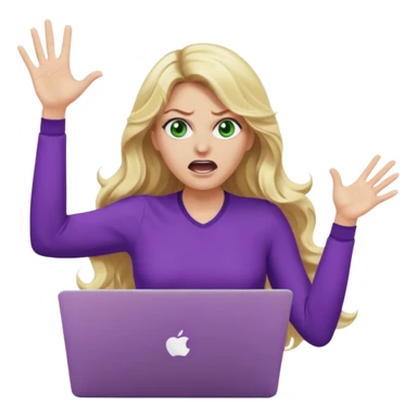 lady with long wavy blonde hair, purple top, green eyes, throwing her with a purple mac laptop hands in the air screaming, looking angry sticker