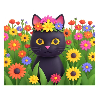 a black cat with a flower on its head in a field of flowers, pastel colors sticker