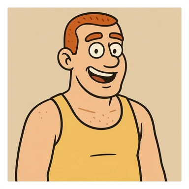 redhead man with a buzz cut in a yellow tank top, smiling, casual pose, simple background sticker