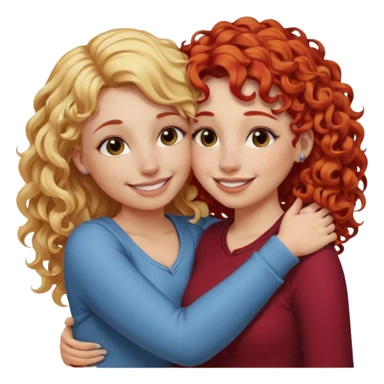 A woman with pencil straight, blonde hair and a nose piercing and a woman with curly red hair and a nose piercing are hugging and smiling together. sticker