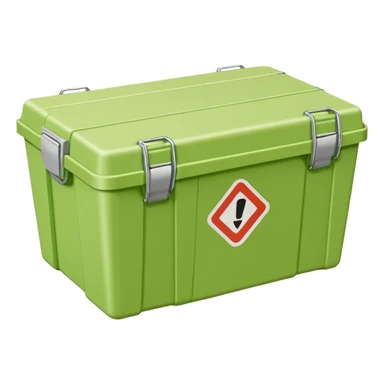 light green plastic shipping box with shipping stickers on the sides sticker