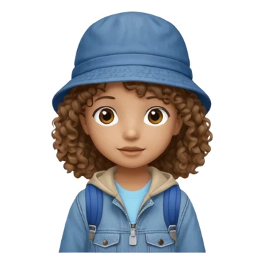 A little girl student curly brown hair, with jean bucket hat, beige jacket, blue backpack sticker