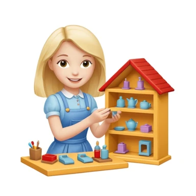 smiling girl arranging furniture in doll house sticker