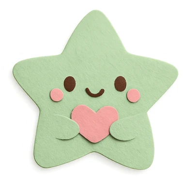An adorable pastel green star holding a tiny pastel heart, no arms or legs, full body, transparent background, in kawaii paper craft style. sticker