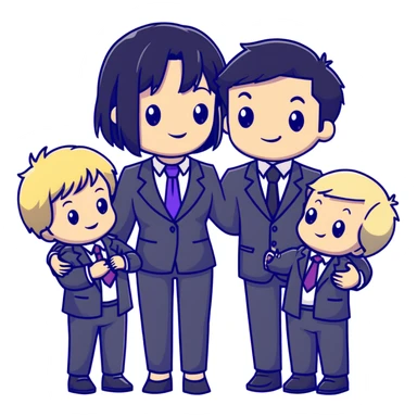 The Parr family from Incredibles in civilian clothes - Bob in business suit, Helen in casual clothes, Violet teen with black hair, Dash blonde boy, baby Jack-Jack sticker