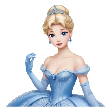Cinematic Realistic Cinderella Portrait, depicted with lifelike skin texture, subtle rosy undertones, and soft natural lighting that enhances the gentle contours of her face. Her intricately detailed golden blonde hair is elegantly styled in an updo, with delicate wisps framing her face for added realism. Her deep, expressive blue eyes radiate warmth and sincerity, reflecting a quiet resilience and grace. She is dressed in her iconic ball gown, the fabric shimmering with intricate embroidery and fine translucent layers that catch the light beautifully. The soft sheen of satin gloves and the delicate sparkle of a glass-like slipper peeking from beneath her dress add a touch of magical realism. The portrait features an enchanting glow with a natural, luminous finish, seamlessly blending realism and fairytale charm to evoke a sense of depth, elegance, and timeless beauty. sticker