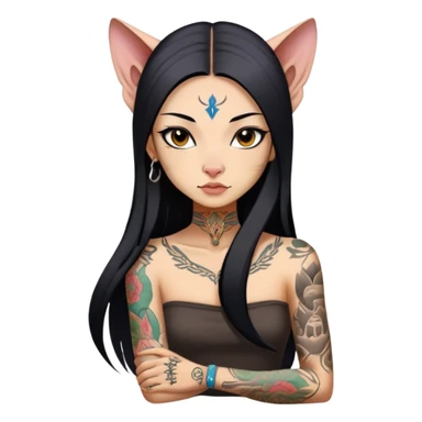 a Chinese girl with long black  straight hair and tattoos and Sphynx sticker