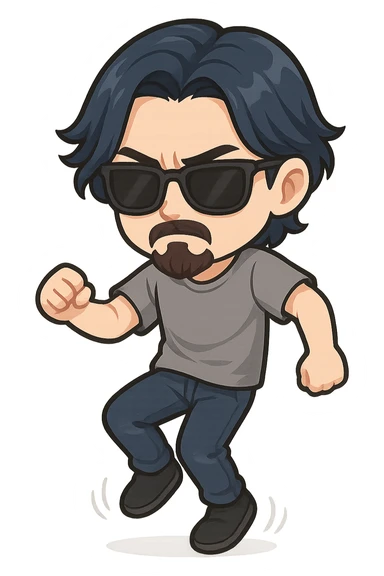 a dark brooding hipster with electric dark blue hair, surfer middle part, chin length hair, classic neat trimmed bushy goatee, black classic rayban shades, plain gray t-shirt, doing the shuffle dance, step shuffle tiktok dance, 1980's dance sticker