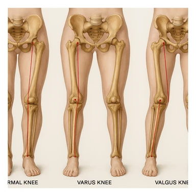 Create a hyperrealistic 4K anatomical illustration of three types of knees viewed from the front: normal knee, varus knee (bow-legged), and valgus knee (knock-kneed). Highlight the bones of the pelvis, femur, tibia, and fibula with red lines showing the mechanical axis as in the reference image. Include realistic anatomical details in a medical style with a neutral background. sticker