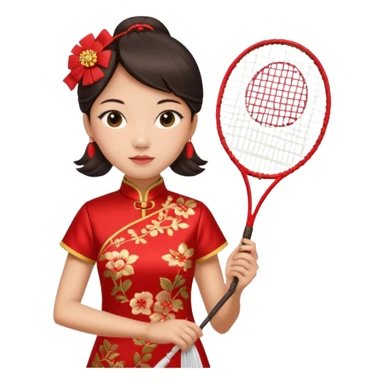 ancient cheongsam girl with 1 badminton racket, red sticker