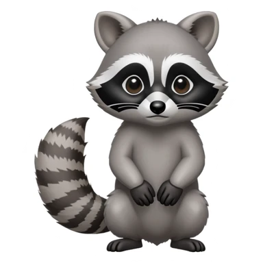 Cinematic-cute Raccoon-Realistic-hunched Full-Body on all fours-Emoji – Tail flicking lazily, head tilted dramatically, thick grey fur with a signature black mask, sharp and alert ears, simplified yet realistic focused features, highly detailed, glowing with an almost sarcastic glow big black eyes realistic body sticker