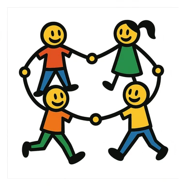 vibrant toon style stick figure humans standing in a circle, holding hands, unity, energetic sticker