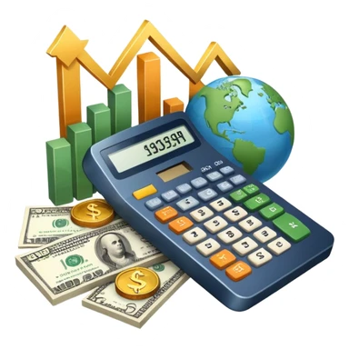An icon featuring a calculator, a dollar sign, and a chart with upward trends, symbolizing economics. The design includes coins, bills, and a globe, representing global trade and financial systems. Transparent background highlights the study of markets, supply, and demand. sticker