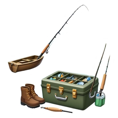 Icon for Fishing: a boat on the shore of a peaceful water body with a beautiful natural landscape, a fishing tackle box, a spinning rod, and boots nearby. The icon should capture the tranquility and gear of a fishing adventure. Without frame. Transparent background. sticker