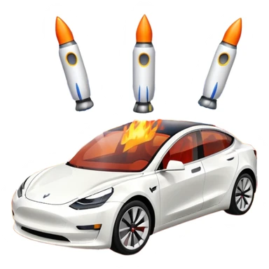 Tesla model 3 white. Two rockets mounted on roof flame backwards sticker